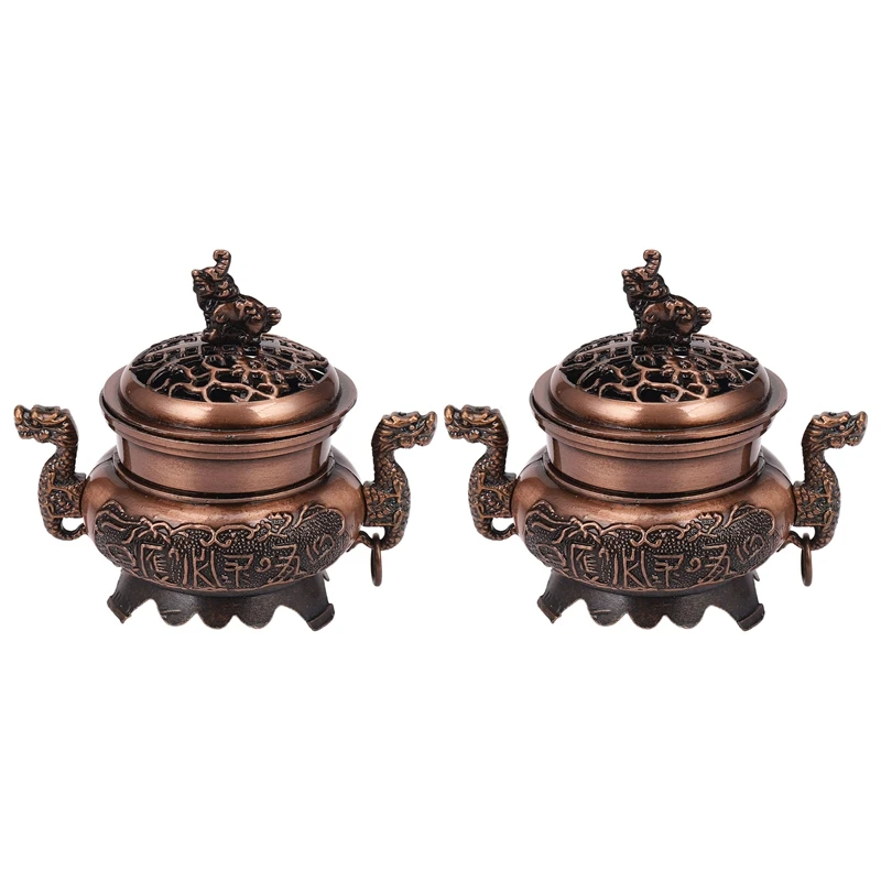 

2X Buddhist Incense Burner Smoke Backflow Zinc Alloy Censer Cone Holder, 1 Red Copper