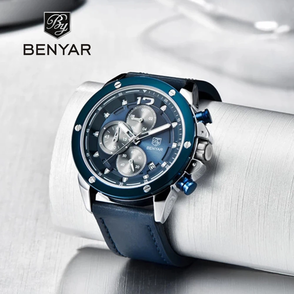 

BENYAR Design Top Brand Men's Blue Quartz Watch Silicone Strap Watch Men's Chronograph Watch Male Relogio Masculino