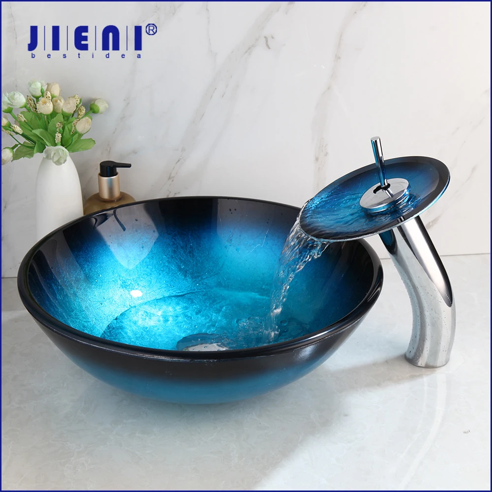 

JIENI Hand Painted Blue Tempered Glass Basin Sink Washbasin Faucet Set Bathroom Counter top Washroom Vessel Vanity Sink Mixer