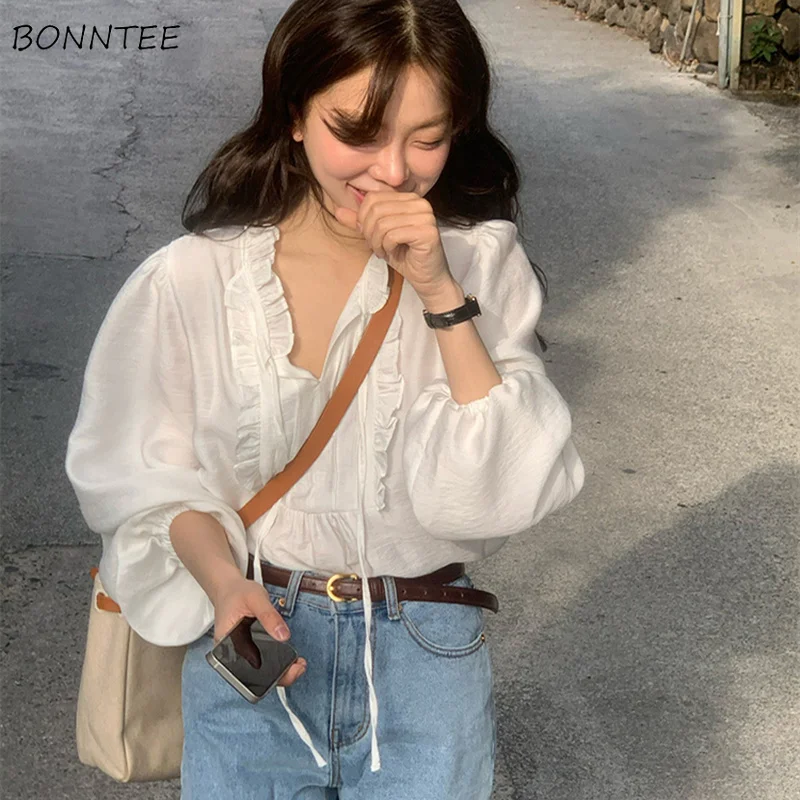 

Blouses Women V-neck Sexy Elegant Fashion Spring Edible Tree Fungus Tender French Style Office Female Simple Loose Chic Young