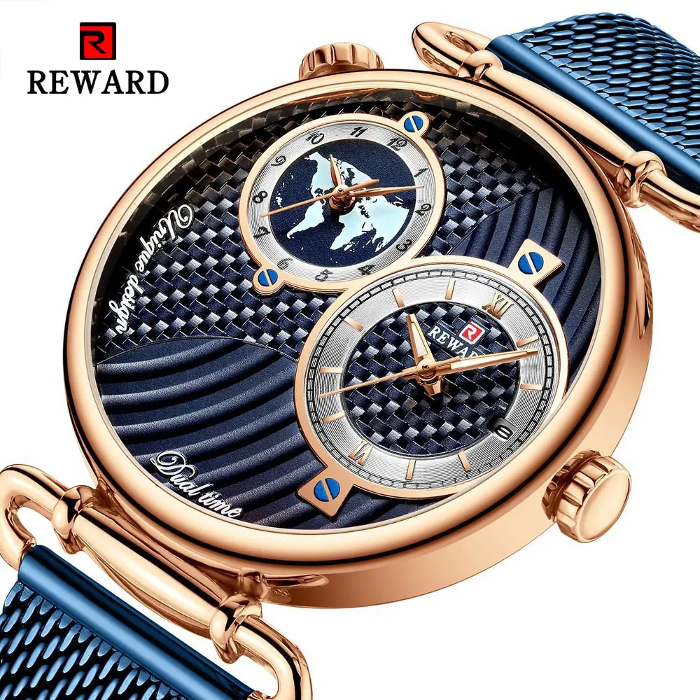 REWARD-relojes de cuarzo de oro rosa para hombre, pulsera de negocios resistente al agua con correa de malla azul oscura, pantalla de zona horaria múltiple, a la moda