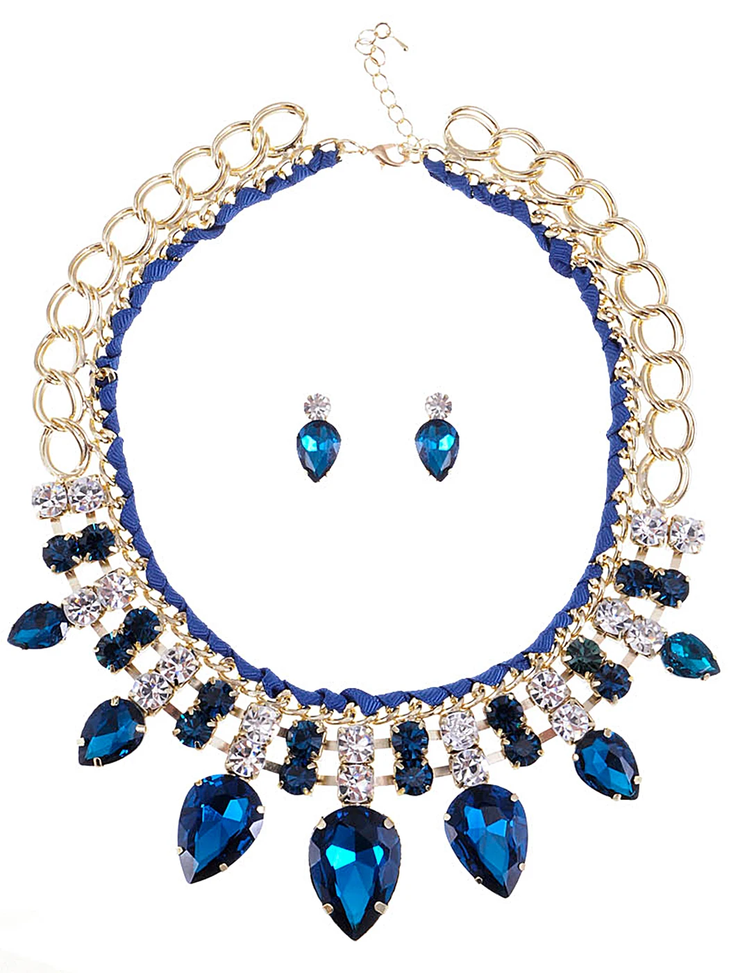 

Golden Tone Ocean Topaz White Rhinestone Accented Necklace Earring Set