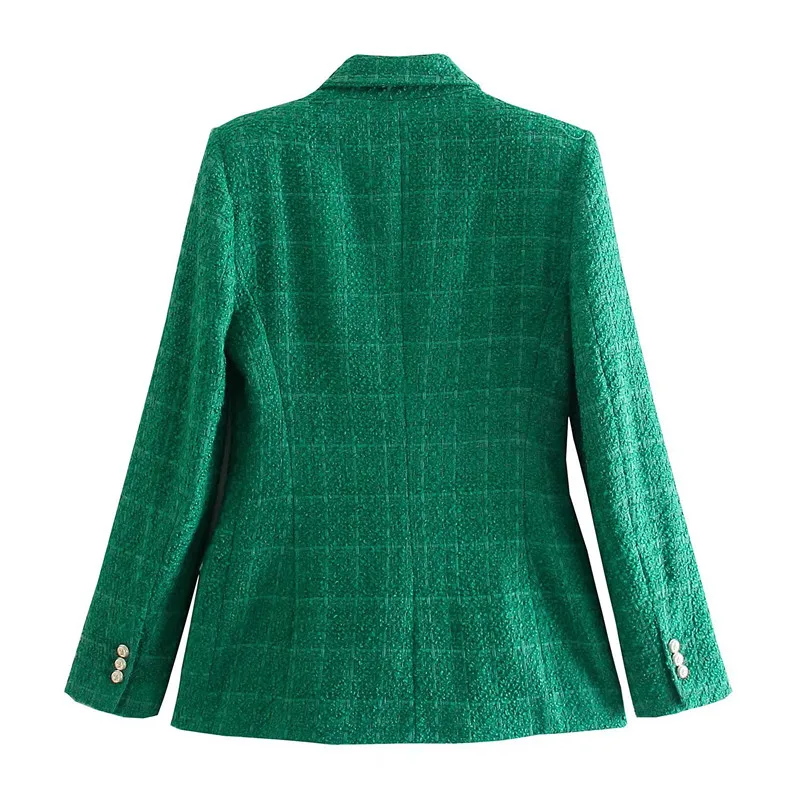 Vintage Lapel Neck Tweed Check Blazer Coat Women Fashion Double Breasted Long Sleeve Slim Coats Chic Jacket Female Outerwear