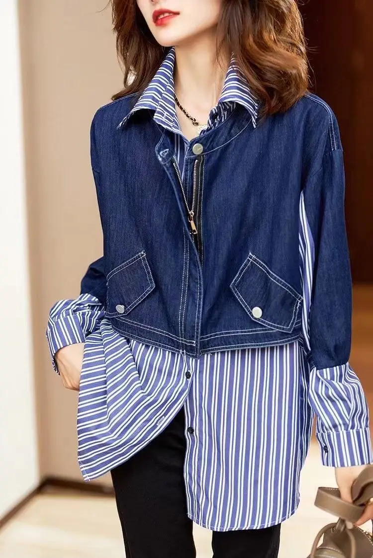 

SuperAen Spring 2022 New Medium and Long Turn Down Collar Full Shirt Casual Loose Denim Jacket Women