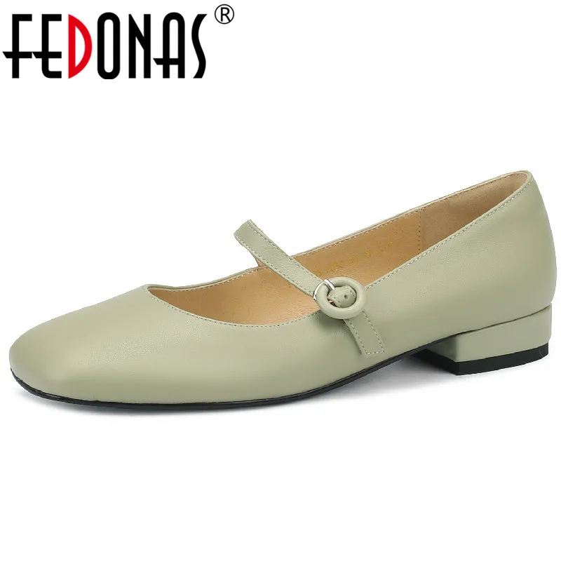 

FEDONAS Sweet Concise Women Pumps Comfort Low Heels Square Toe Genuine Leather Mary Janes Shoes Woman Spring Summer Office Lady