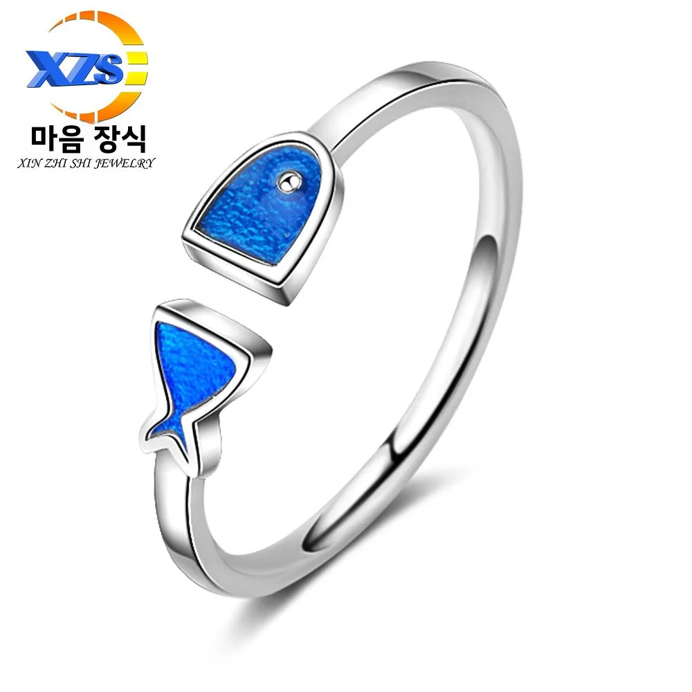 Creative Japanese and Korean Sle Drop Glaze Blue Small Fish Ring Cute Sweet Open Versitile Fashion Women New Jewelry