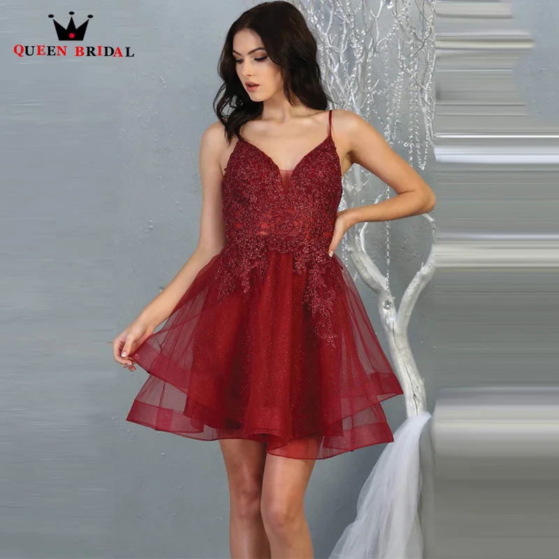 

Simple Mini Spaghetti Strap Homecoming Dresses A-LINE V-Neck Lace Beaded Backless Floral Print Robes de bal Custom Made HH20