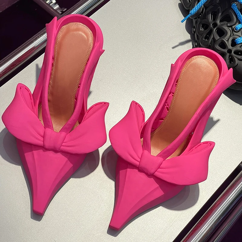 

Сандалии на высоком каблуке с бантом, розово-Красные босоножки с острым носком, красивые туфли в Корейском стиле, лето 2023
