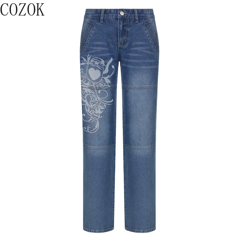 

Street Style Women 'S Clothing Irregular Pattern Print Loose Trousers Low Waist Pleated Washed Old Multi-Color Jeans