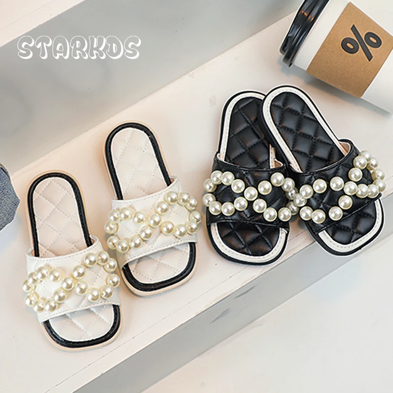 Kids Brand Design Mule Slides Girls Elegant Pearl Bowknot Sandals Baby Child Summer Soft Quilting Outdoor Flat Slipper Shoes