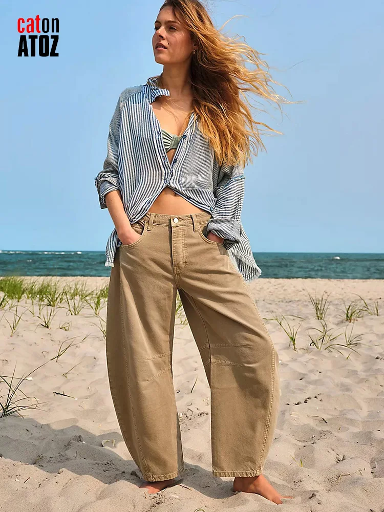 Женские джинсы баррель 2024 модные хаки свободные джинсовые шаровары с напуском