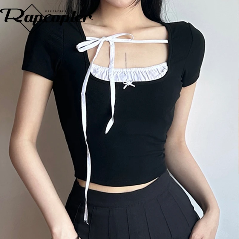 

Rapcopter y2k Bow Tie Up Crop Top Black Square Collar Short Sleeve T Shirt Women Cute Korean Patchwork Summer Tee Harajuku Chic