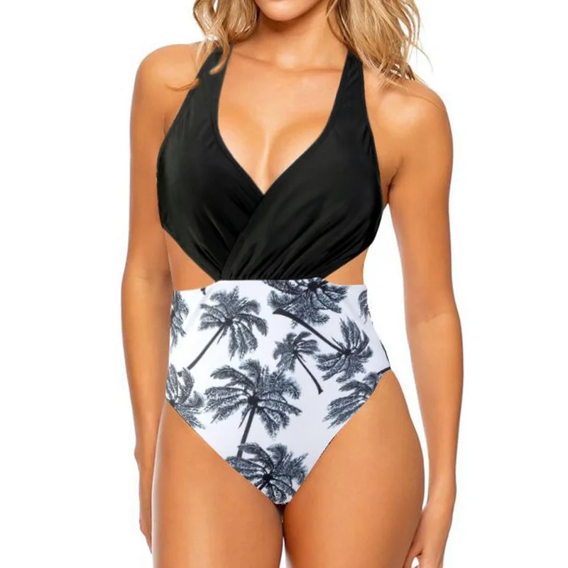 

Palm Tree One Piece Bathing Suit Sexy Monokini Swimwear Cut Out Women Swimsuit Black Bodysuit Bather Swimming Suit Trikini