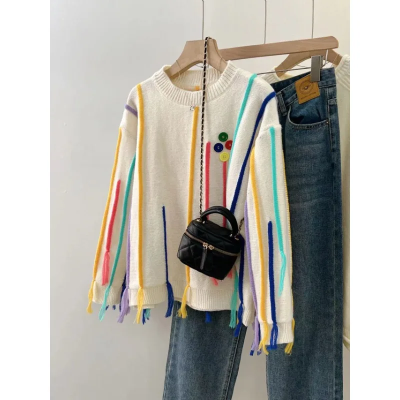 

Fringe stripe design feeling niche round neck sweater women's autumn and winter loose knit top
