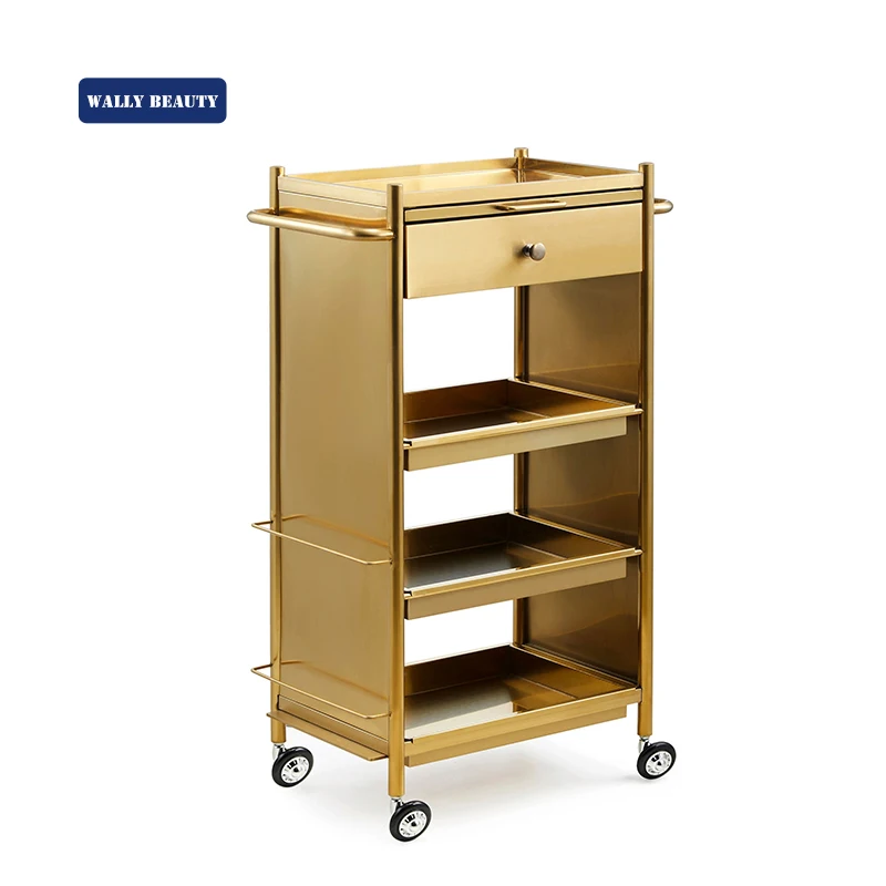 luxury salon equipment hair salon working trolley gold stainless steel salon trolley