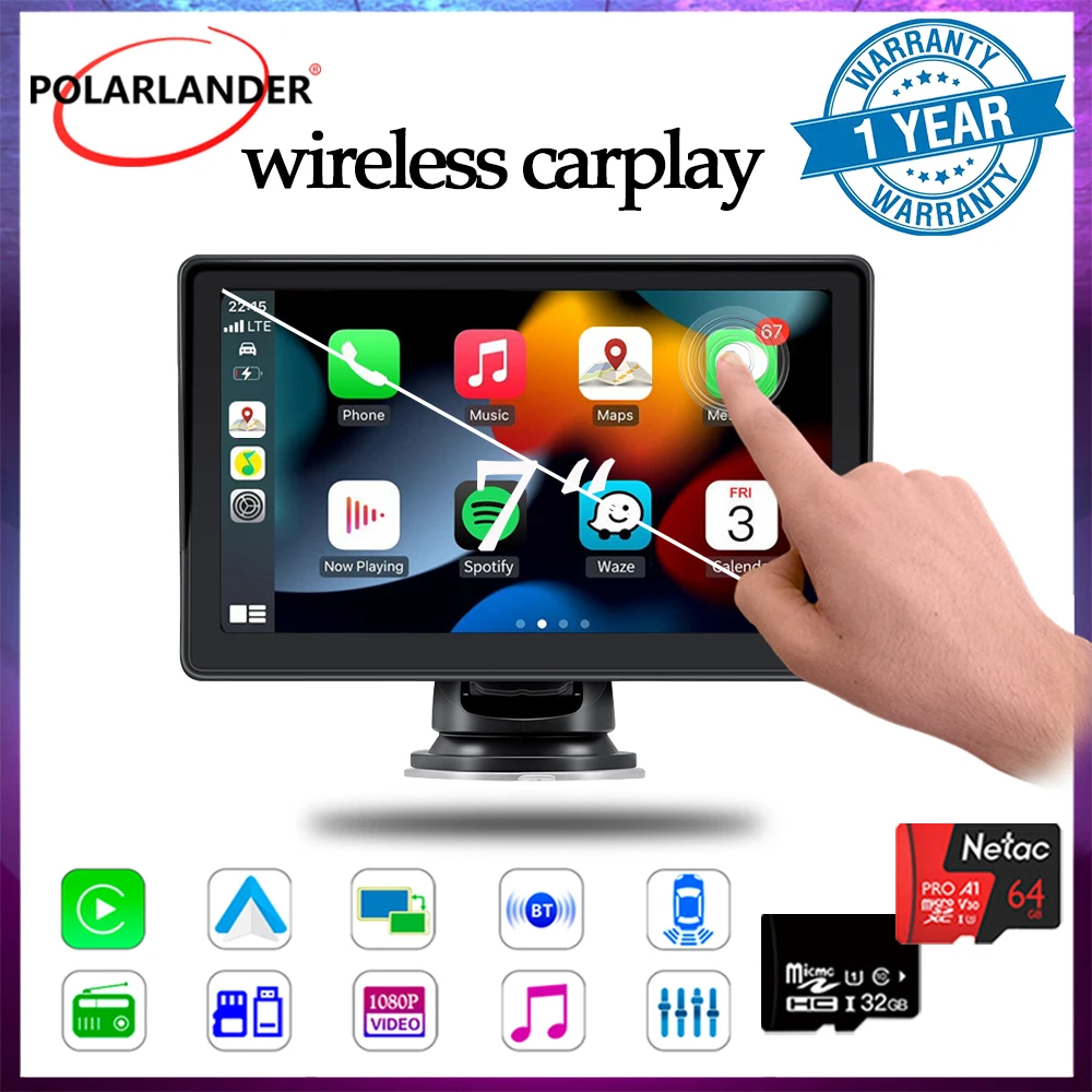 

Портативный беспроводной Android Авто Carplay AUX Bluetooth5.0 Реверсивный видео сенсорный экран 7 "автомобильный дисплей стерео ресивер мультимедиа
