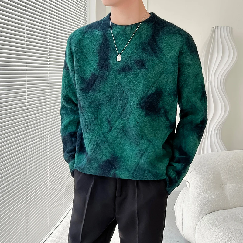 Contrast Warm Sweater/ High Quality Men's Autumn Winter Tie Dyed Round Neck Loose Business Casual Diamond Check Sweater Pullover