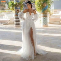 fei rong strapless lantern sleeves wedding dress vestidos de novia appliques tulle side slit a line bridal gown robe de mari%c3%a9e