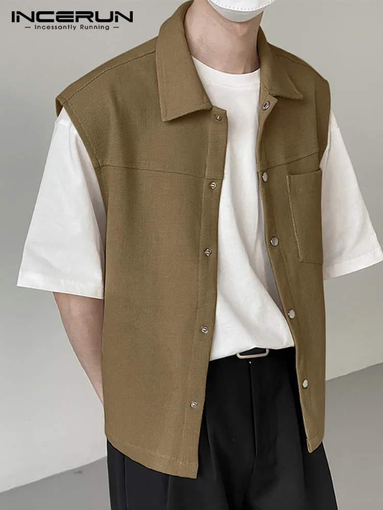 

INCERUN Men Shirt Solid Color Lapel Sleeveless Pockets Button Streetwear Summer Casual Vests Men 2022 Korean Style Camisas S-5XL