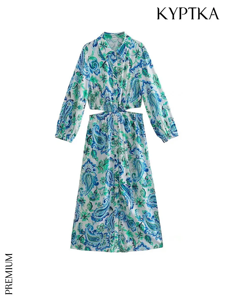 

KYPTKA Women Fashion Hollow Out Printed Midi Shirt Dress Vintage Long Sleeve Button-up Female Dresses Vestidos Mujer