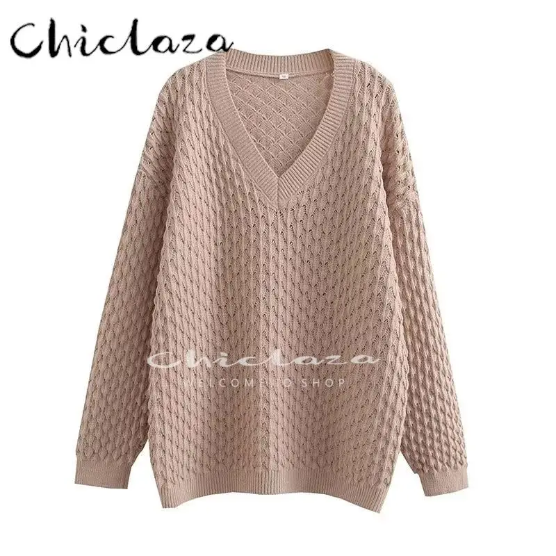

CHICLAZA 2022 Autumn Winter Women Fashion Casual Loose V-Neck Sweater Female Solid Color Long Sleeve Warm Pullover Tops