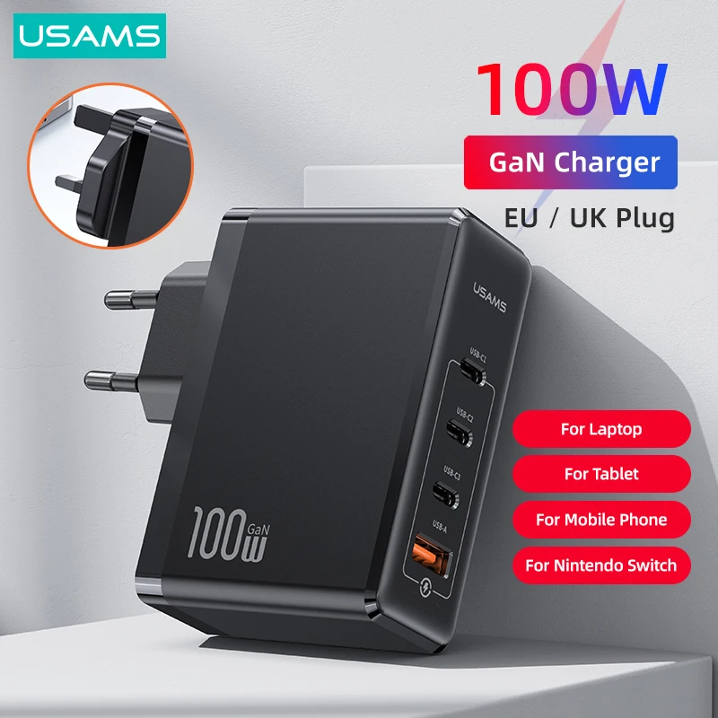 USAMS PD 100W GaN Charger EU UK Plug Quick Charger Portable Phone Charger For MacBook iPad Pro iPhone Android Laptop Tablet 1