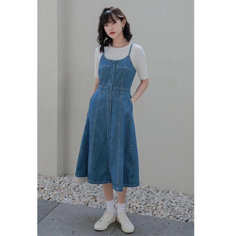 

Spring and Summer New Blue Denim Suspender Dress Waist Slim A-line Dress Long Dress Women's Casual Simple and Versatile Student