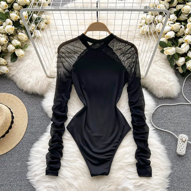 

Spring summer fashion mesh Tight Jumpsuit long sleeve bottomed shirt T-shirt Jumpsuit fashion blusas mujer de moda 2022