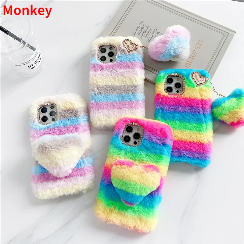 tpu soft silicone rainbow phone case for for motorola g9play g8 power life g7 plus e6 e6s moto g7power plush fur heart case capa free global shipping