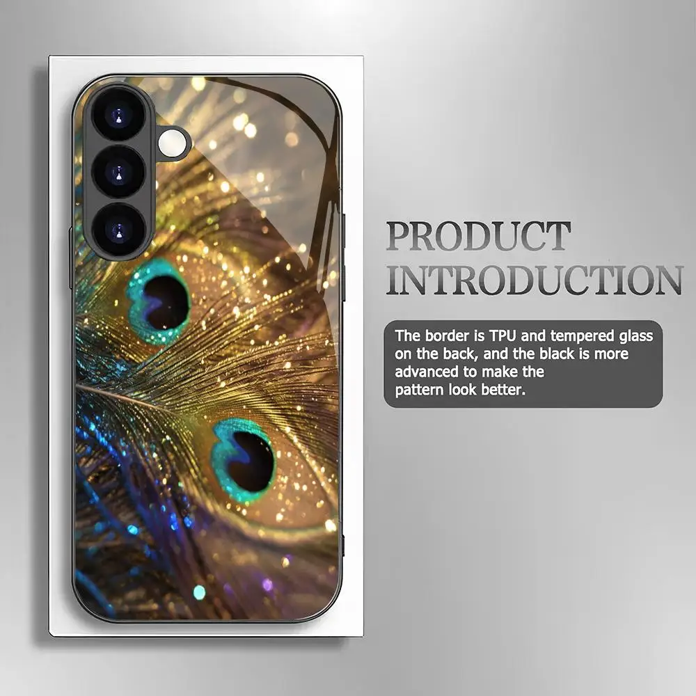 Фото Чехол для телефона из закаленного стекла с узором «Павлинье перо» для Samsung Galaxy S26 S25 S24 S23 S22 S20 FE/Ultra/Plus, противоударная задняя крышка №4