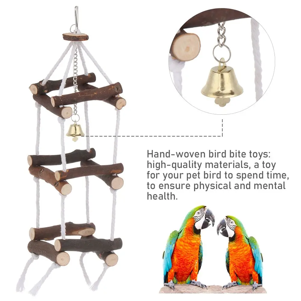 

Bird Toy Wooden Tower with Bell Parrot Chewing Toy Leather Staircase Suspension Bridge Swing Loft Three-story Ladder