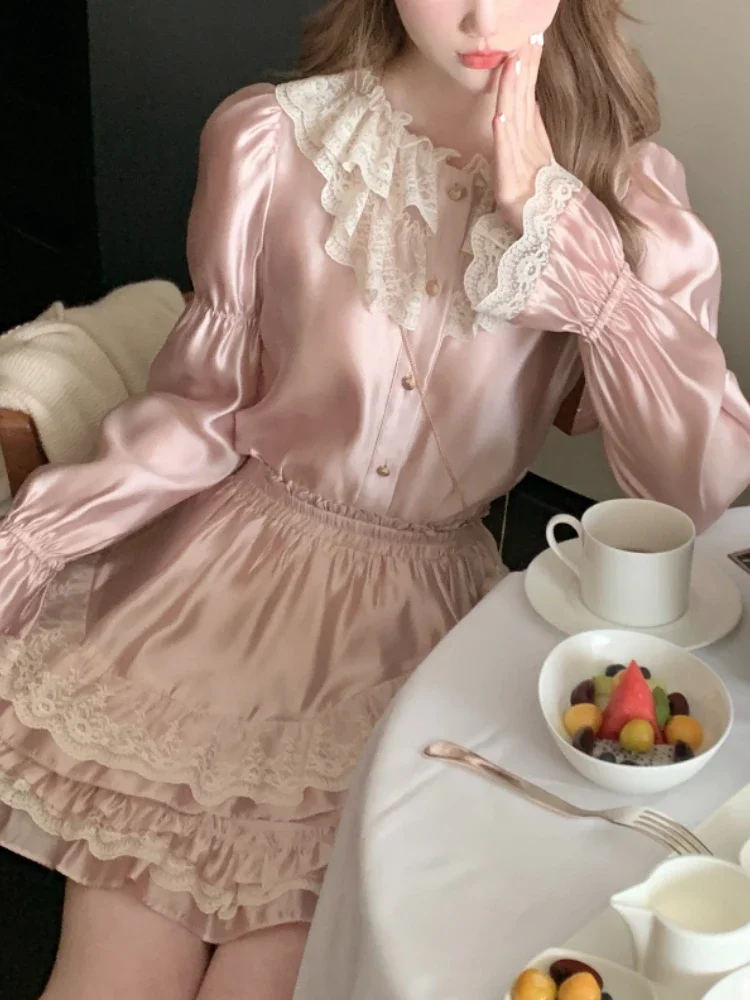 

Pink Kawaii Lolita Two Piece Set Women Lace Sweet Korean Skirt Suit Female 2024 O-neck Bubble Sleeve Blouse + Party Mini Skirt