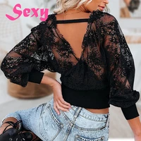 women v neck lace shirt long bat sleeves sexy hollow translucent top patchwork leaking back shirt pullover comfortable wrap top