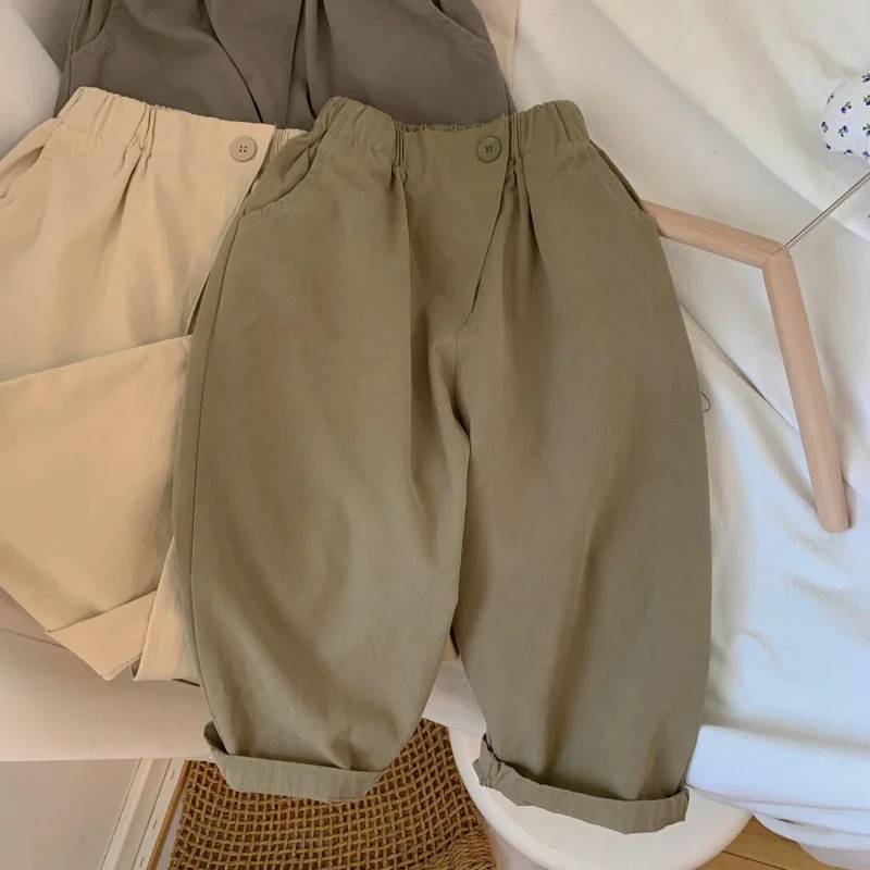 

Cotton Pants Casual And Children's Trousers Girls 2022 Korean Pockets Boys Button Autumn New