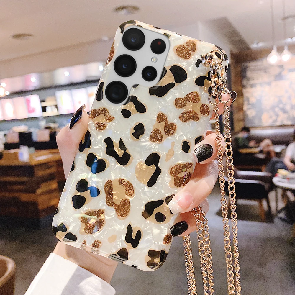 

Leopard Print Case for Smasung Galaxy S22 S21 Note 20 Ultra S20 S10 Plus Shell Strap Cord Metal Chain Necklace Rope Cover