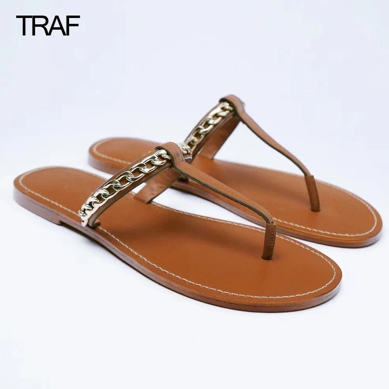 

Роскошные женские шлепанцы TRAF на плоской подошве, модель 2022 года, кожаные шлепанцы и сандалии с металлической цепочкой, женская обувь на пло...