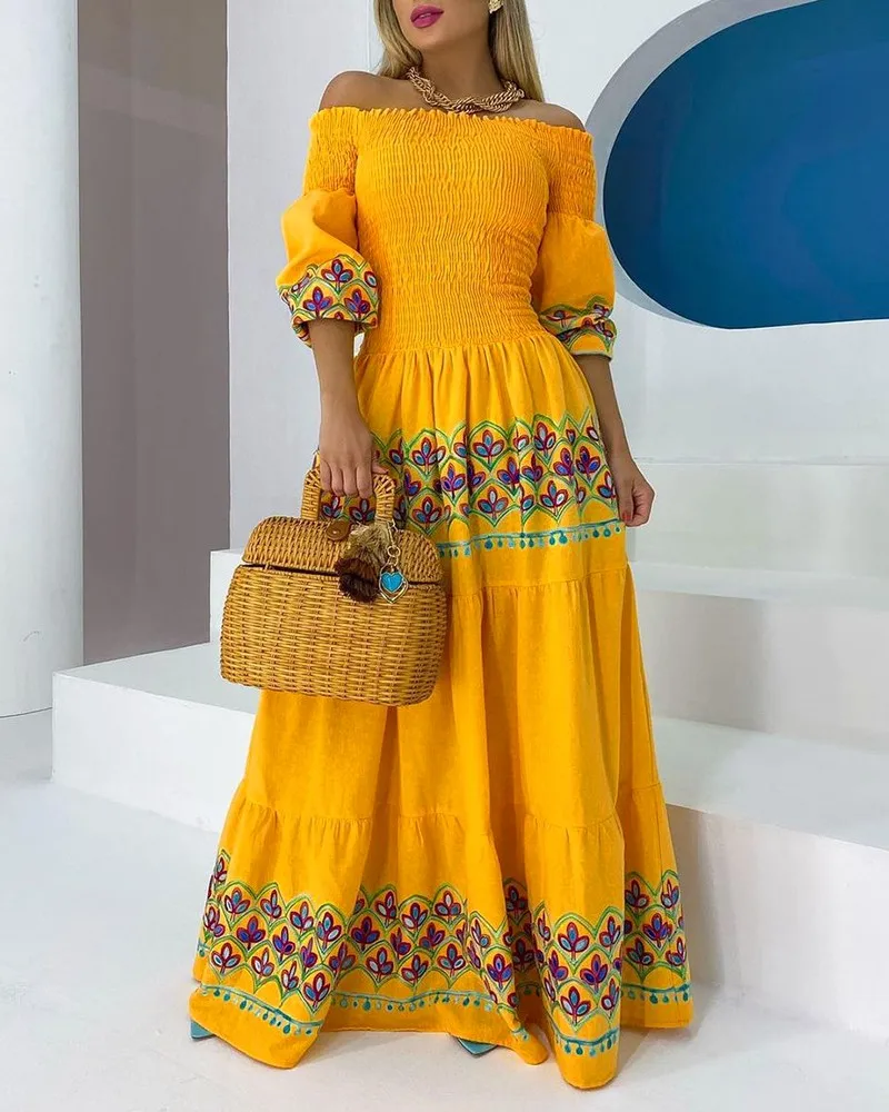 

Off Shoulder Lantern Sleeve Shirred Floral Print Dress