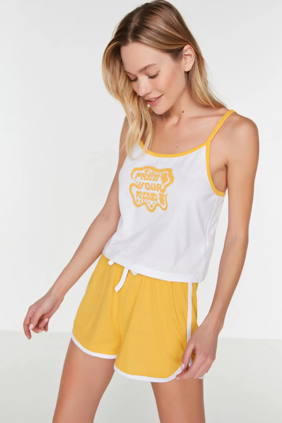 

Women's Pajamas Yellow Printed Knitted Sleep Lounge Pajamas Nightwear Sleepwear Night Suit Casual Home Clothing