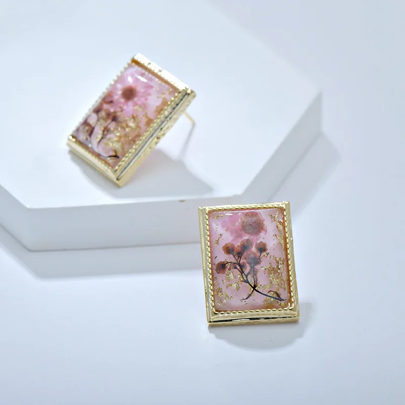 S925 Серебряные иглы женские элегантные серьги-гвоздики с сухим цветком янтарного