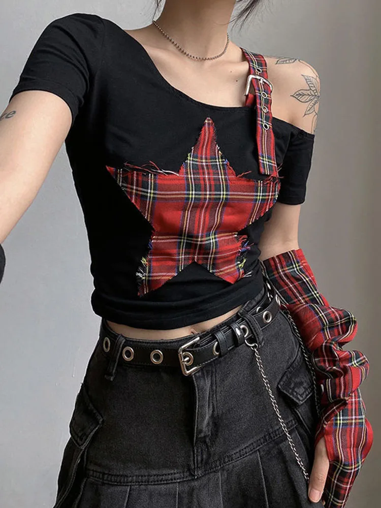 

Summer Star Patchwork Crop Tops Plaid T Shirt Women Fashion Off Single Shoulder Y2k Tee OverSleeve Fairy Grunge Shirts