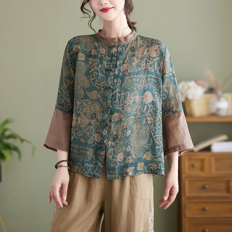

Женская рубашка с воротником-стойкой, зеленый лоскутный топ из хлопка и льна с цветочным принтом, рубашки в китайском стиле с цветами для лета