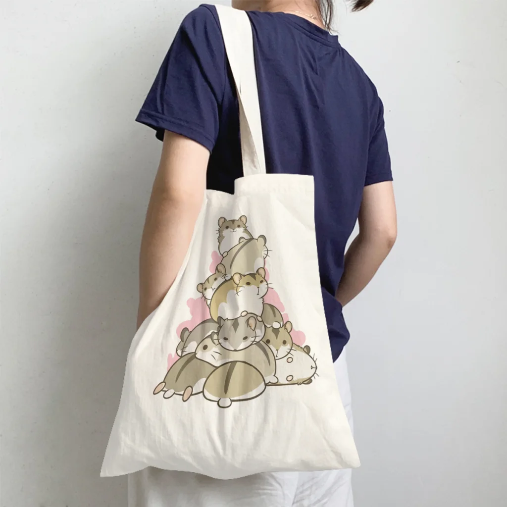 

HamTowerHandbag Kawaii Hamster Tiny Animal Shoulder Canvas Bags Men Women Storage Pocket Shopper HandBags Vintage Pouch Tote Bag