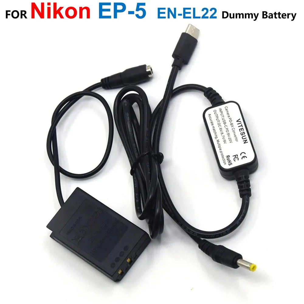 

EP-5E DC Coupler ENEL22 EN-EL22 Dummy Battery+EH5A Mobile Power Bank USB-C PD Adapter Cable For Nikon 1 J4 S2 1J4 1S2