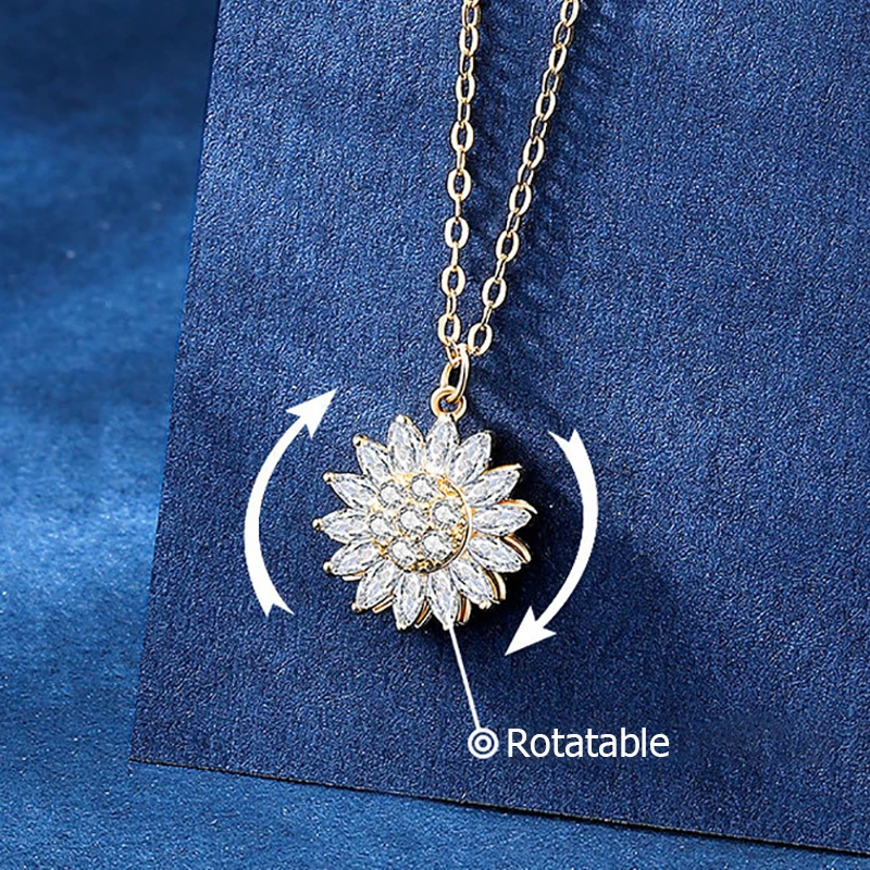 

Carlidana Zircon Rotate Daisy Sunflower Pendant Choker Necklace Luxury Niche Rotating Crystal Flower Stainless Steel Jewelry