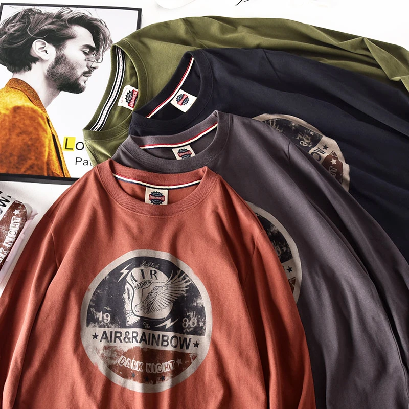 

2021 Spring and Autumn Men's Fashion Long Sleeve O-neck Loose Printed T-shirt Pure Cotton Washed Old American Retro Casual Tops