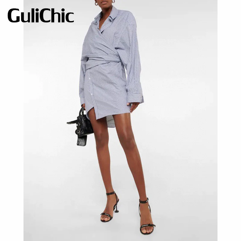 

8.26 GuliChic Women High Street Temperament Striped Irregular Wrapped Slim Shirt Dress