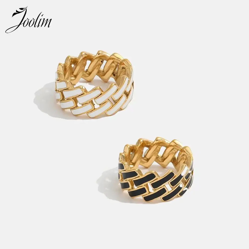 

Joolim Jewelry Wholesale High End PVD Waterproof Fashion Chain Black And White Dripping Weave Stainless Steel Rings for Women