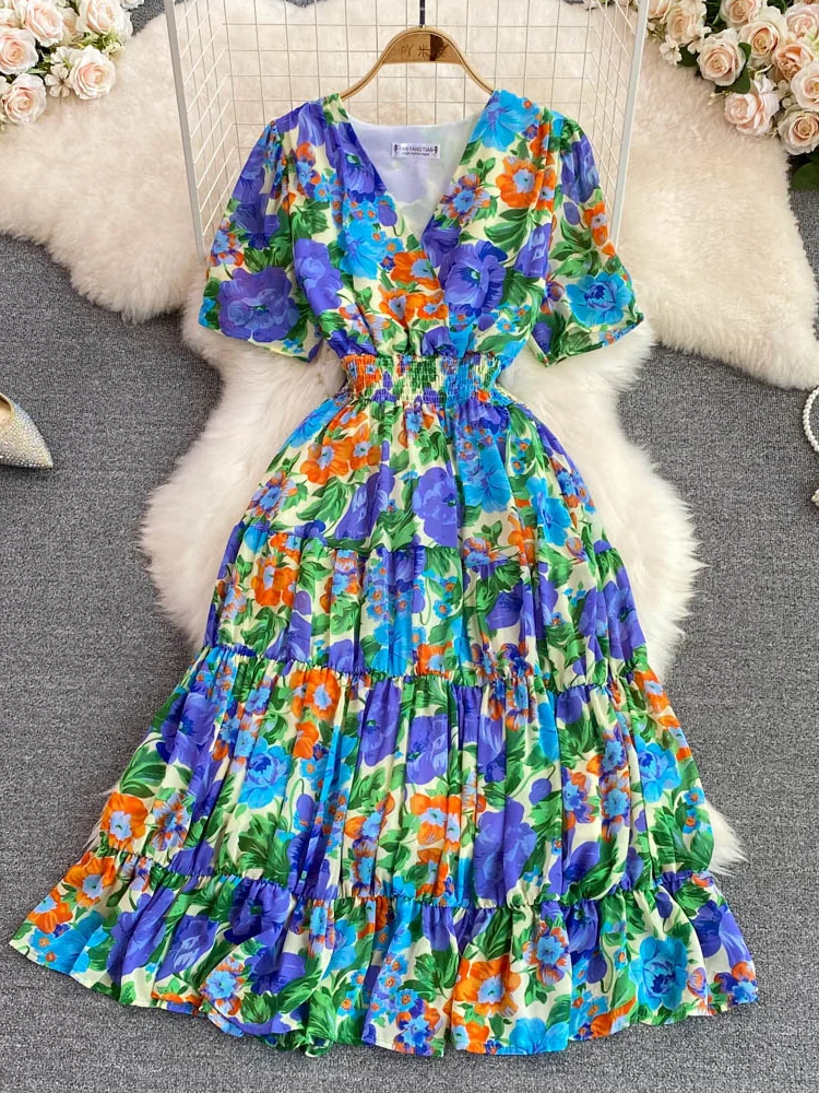 

Женское богемное платье миди с цветочным принтом, элегантное облегающее платье с V-образным вырезом, коротким рукавом, высокой талией и драпировкой, летнее платье с широкой юбкой, Новинка