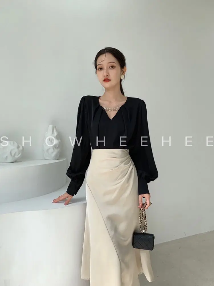 Корейская шифоновая женская блузка с V-образным вырезом и цепочкой Простая