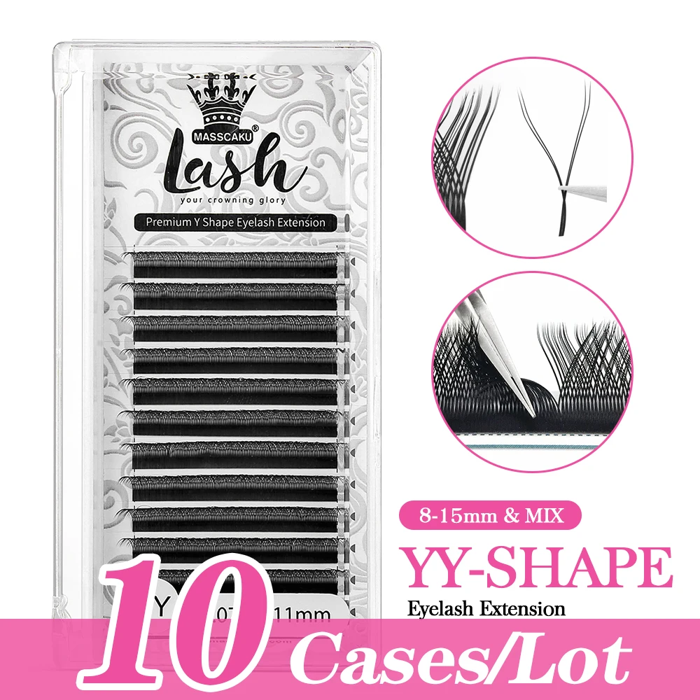 

MASSCAKU 10cases/lot 12 Lines YY Lashes Extensions C/DCurl Two Tips Softer Flase Y Shape Fan Eyelash ExtensionSupplies Wholesale